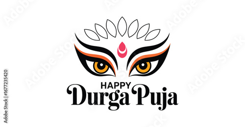  Durga Puja illustration with stylized goddess eyes, red bindi, flame motif, and festive greeting on warm background celebrating Hindu festival