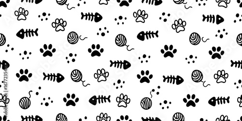 Cute Cat Paw Prints, Fishbones & Yarn Seamless Pattern