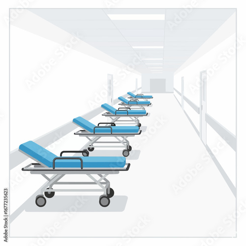 Hospital Corridor with Empty Medical Stretchers Aligned and Ready for Use