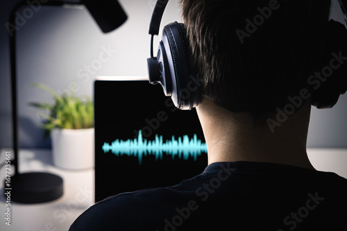 AI deepfake voice scam. Deep fake clone. Music or sound generator. Espionage, fbi police wiretap or audio intelligence. Producer editing with headphones. Spy secret listening. Fraud vocal call.