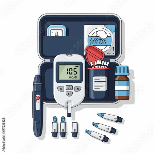 Diabetes Monitoring Kit with Glucometer and Accessories on White Background