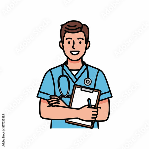 Male Doctor Holding Clipboard and Smiling, Wearing Uniform and Stethoscope