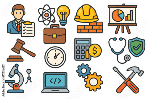 Job and profession icon set. Business, law, construction, finance, science, medicine and technology career concepts. Vector line icons for work, industry, and services.