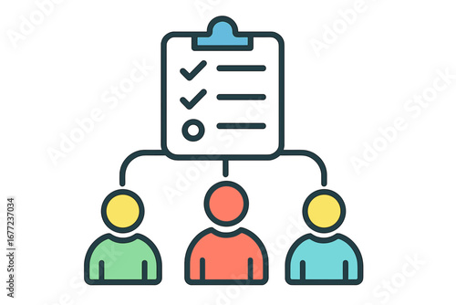 Team members managing checklist in colorful outline design team planner diagram