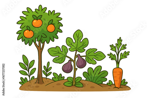 Garden scene with growing plants vector illustration. Features fresh orange tree, fig plant, and carrot in soil. Concept for agriculture, organic food, harvest, nature, healthy eating.