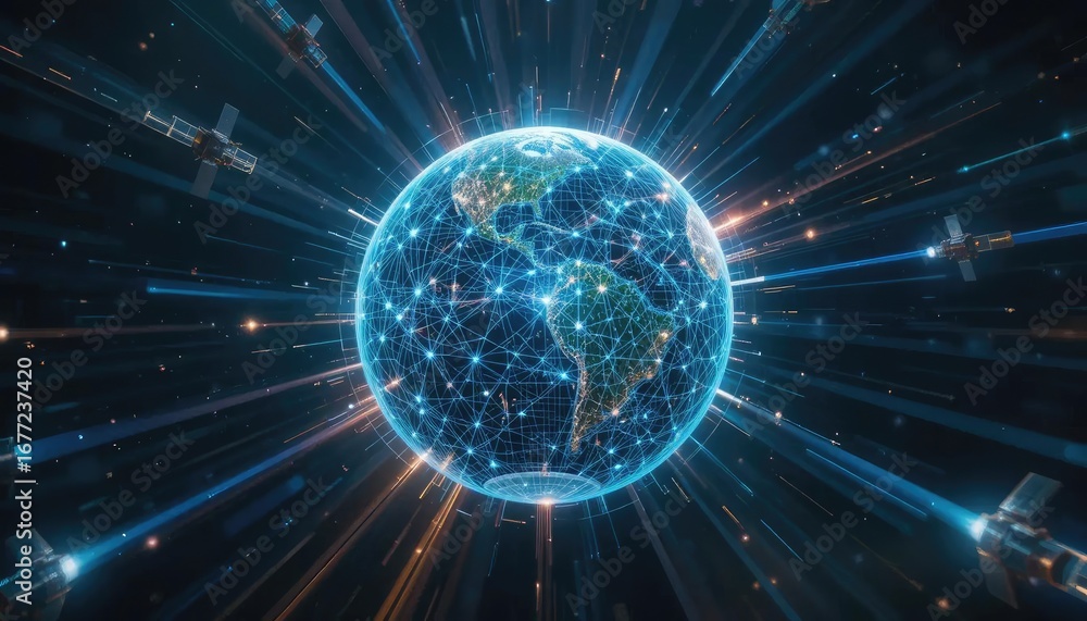 Obraz premium Digital representation of Earth, surrounded by interconnected data streams, illustrating global communication.
