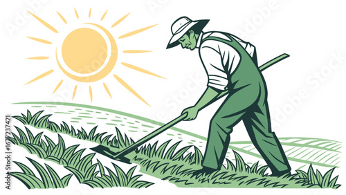 Vector illustration of a farmer working in the field with sun and grass, rural agriculture and farming concept