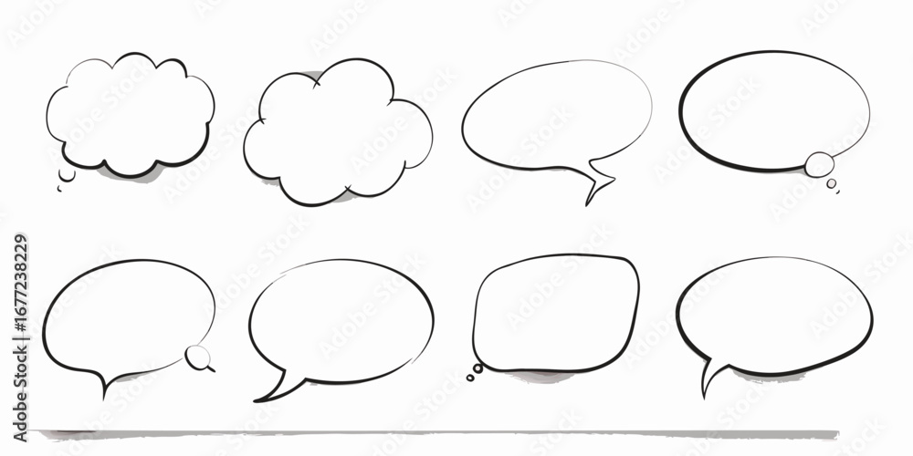Fototapeta premium Eight Hand-Drawn Speech Bubbles; Blank Comic Book Dialogue Boxes