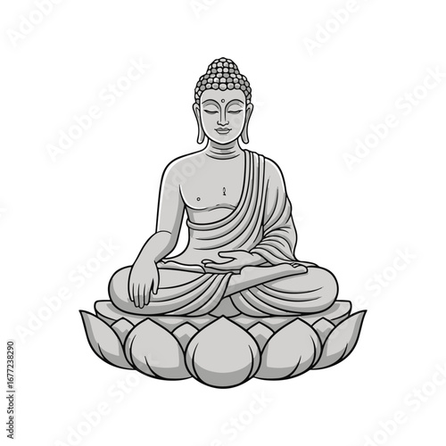 Black and white line art illustration of the Buddha meditating peacefully while seated on a lotus, vector illustration