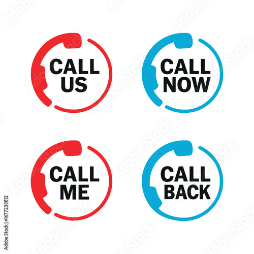 A collection of modern circular call buttons for websites and apps including Call Us and Call Now, vector illustration