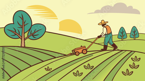 Vector illustration of a farmer with grass cutter tractor in field, modern agriculture and farming concept