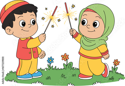 Cartoon children celebrating with sparklers — smiling boy and girl in cultural outfits on grassy patch with flowers and festive sparks
