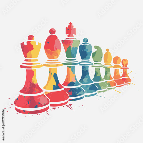 A row of chess pieces decorated with vibrant and colorful watercolor paint splashes, vector illustration