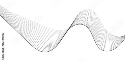 Dynamic wavy pattern of dotted lines in gradient black tones, flowing horizontally with overlapping curves that give depth and motion, resembling sound waves, data visualization, or digital abstract a