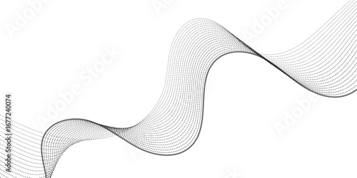 Dynamic wavy pattern of dotted lines in gradient black tones, flowing horizontally with overlapping curves that give depth and motion, resembling sound waves, data visualization, or digital abstract a