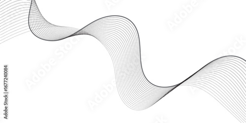Dynamic wavy pattern of dotted lines in gradient black tones, flowing horizontally with overlapping curves that give depth and motion, resembling sound waves, data visualization, or digital abstract a