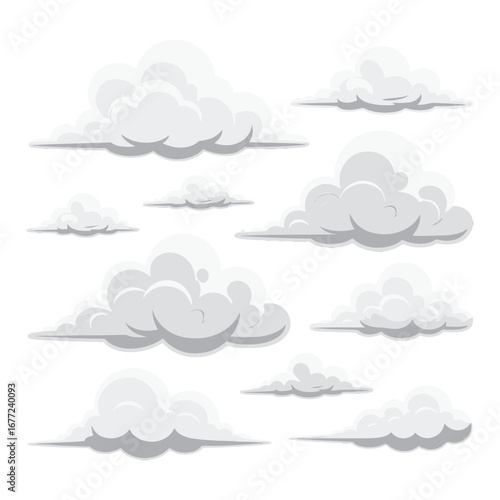 A collection of grey, overcast clouds, representing gloomy or stormy weather conditions, vector illustration