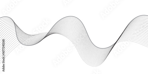 Dynamic wavy pattern of dotted lines in gradient black tones, flowing horizontally with overlapping curves that give depth and motion, resembling sound waves, data visualization, or digital abstract a