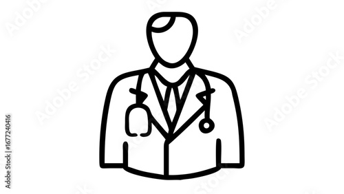 A professional black outline icon of a doctor with a stethoscope, suitable for healthcare.