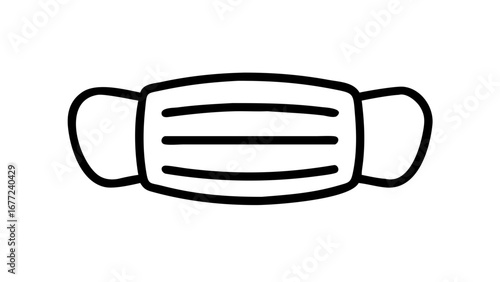 Simple outline icon of a disposable surgical face mask presented against a solid black backdrop for.