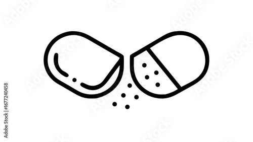 Open capsule icon showing powder spilling out, isolated on a white background for medical design.