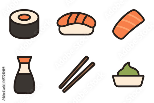 A set of six sushi images with chopsticks and sauce. The sushi images are arranged in a row, with the first one being a black. vector