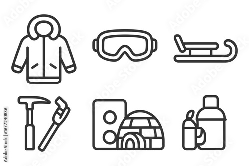 A set of six icons that represent winter sports and gear. The icons include a jacket, goggles, a snowboard, a snowmobile, a tent. vector