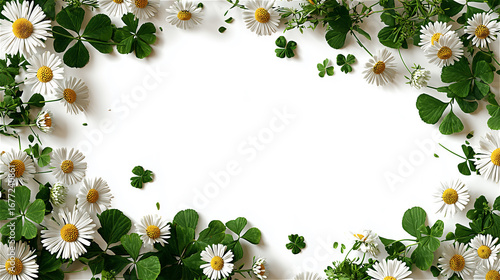 白い背景にデイジーとクローバーを配置した爽やかなフレーム素材 generative ai