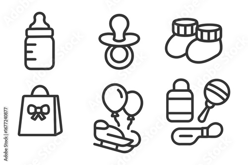 A set of baby items including a bottle, pacifier, and a diaper bag. The items are drawn in a simple, minimalist style. vector