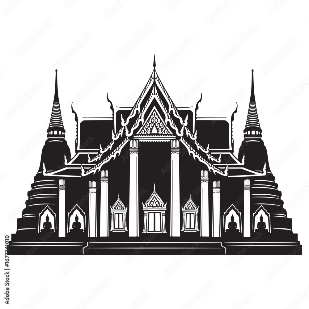 Obraz premium An elegant black silhouette of the Grand Palace, a major architectural landmark in Bangkok, vector illustration