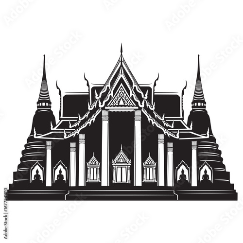 An elegant black silhouette of the Grand Palace, a major architectural landmark in Bangkok, vector illustration