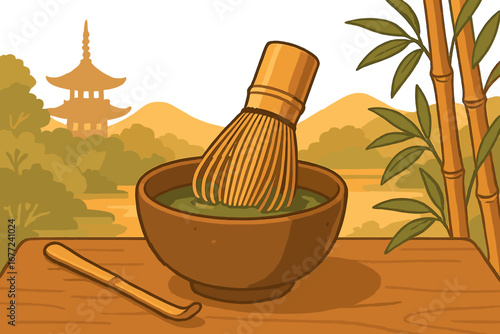 Japanese tea ceremony with matcha green tea. Bamboo whisk chasen in a chawan bowl. Traditional asian culture landscape with pagoda. Vector illustration for serene relaxation.