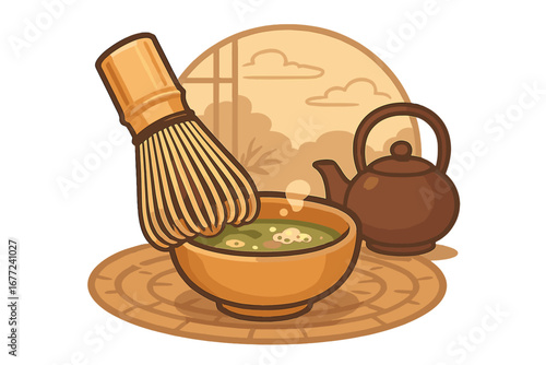 Japanese tea ceremony with matcha green tea. Bamboo whisk chasen mixing powder in a chawan bowl with a teapot. Traditional asian beverage preparation. Zen culture vector illustration.