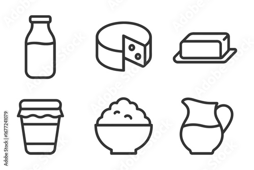A set of food icons including a cup, bowl, butter, and cheese. The icons are drawn in black and white. vector