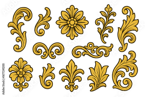 Golden baroque ornaments set. Vintage floral scroll and fleur-de-lis. Damask filigree design elements. Luxury classic victorian rococo decoration for wedding invitation card.