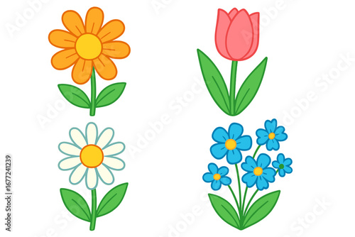 Set of cute cartoon flowers. Vector floral icon collection. Bright colorful simple flat illustration. Daisy, tulip, chamomile, forget-me-not. Spring summer garden bloom.