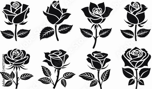 Eight Black and White Rose Silhouettes: Floral Designs