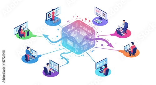 Global Data Network Processing & Collaborative Team Working Remotely. Isometric Vector Illustration of Big Data Analytics and Cloud Computing.