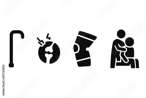 Arthritis and joint pain vector icon set. Medical icons for mobility support, walking cane, knee brace, physical therapy, rheumatology, and chronic illness rehabilitation.