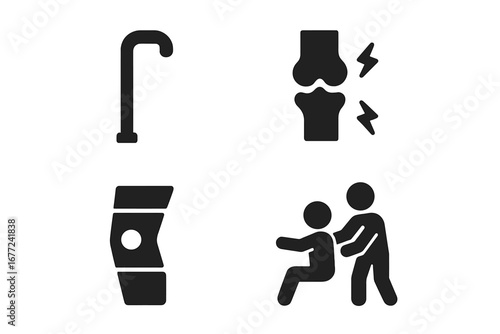 Arthritis support solid icons. Joint pain, inflammation, and mobility aid symbols. Walking cane, knee brace, physical therapy, rehabilitation, and rheumatology vector graphics.