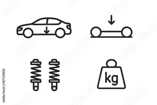 Automotive icon set for vehicle dynamics. Car center of gravity, low chassis profile, suspension springs, and weight. Outline vector illustration for mechanics or engineering.