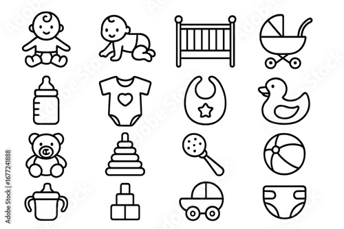 Vector baby line icon set. Toddler, newborn care essentials. Nursery outline pictograms: crib, stroller, diaper, bottle, clothes, toys. Childhood and motherhood symbols.