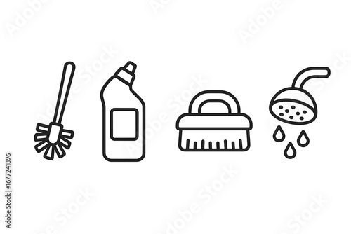 Bathroom cleaning supplies outline icon set. Vector symbols for household chores, hygiene, sanitation. Toilet brush, detergent, scrub brush, shower head. Simple line art illustration.