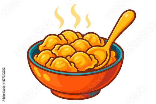 Steaming bowl of hot delicious golden dumplings, wonton or gyoza. Asian food concept. Vector cartoon illustration for restaurant menu design or branding. Isolated on white.