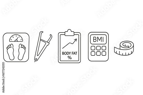 Body metrics outline icon set. Body composition analysis tools. Weight scale, fat caliper, BMI calculator, measuring tape, chart. Health, fitness, diet, weight loss concept.