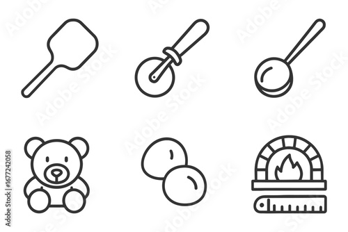 A teddy bear is on the left side of the image. There are six other icons on the right side of the image. vector