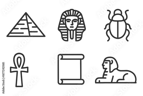 A variety of Egyptian symbols and figures, including the Sphinx, the Great Pyramid of Giza, and the Eye of Horus. vector