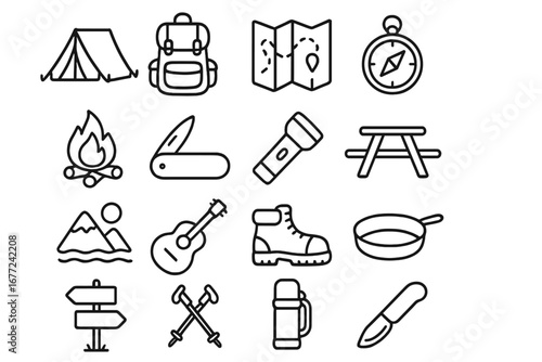 Camping and outdoor adventure line icon set. Hiking, backpacking, and travel essentials outline collection. Vector symbols for nature exploration, tourism, and survival gear.
