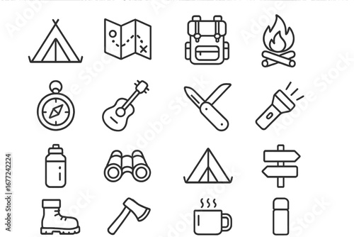 Camping and outdoor line icon set. Survival, adventure, and travel essentials in outline style. Vector collection for hiking, tourism, and expedition graphics. Camp equipment.