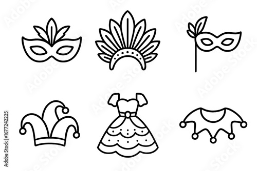 Vector line art illustration of carnival costumes, masks, jester hat, and party accessories. Concept for masquerade, Mardi Gras celebration, festival, and funfair events.